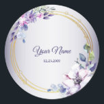 Watercolor Floral Geometric Golden Purple Wedding Classic Round Sticker<br><div class="desc">Watercolor Floral Geometric Golden Purple Wedding Classic Round Sticker. Unique,  beautiful,  modern design. Easy to be personalized. Font style,  size and colors can be changed. Matching items available.</div>
