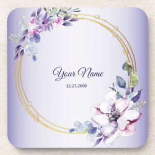 Watercolor Floral Geometric Golden Purple Wedding Coaster