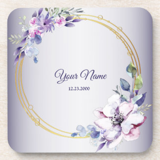 Watercolor Floral Geometric Golden Purple Wedding Coaster