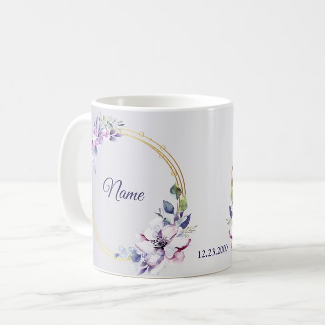 Watercolor Floral Geometric Golden Purple Wedding Coffee Mug (Front Left)