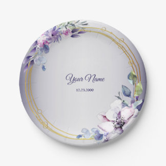 Watercolor Floral Geometric Golden Purple Wedding Paper Plate