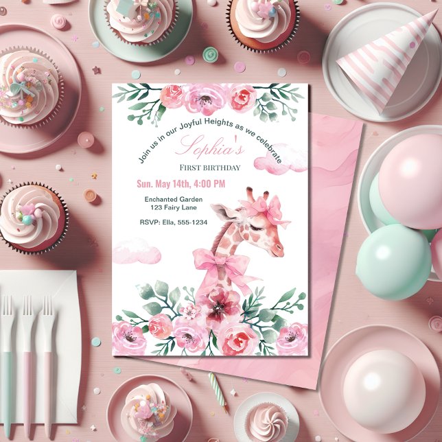 Watercolor Floral Giraffe Ribbon Girl Birthday  Invitation (Creator Uploaded)