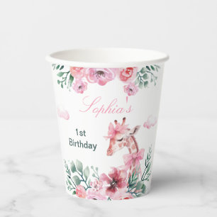 Watercolor Floral Giraffe Ribbon Girl Birthday Paper Cups