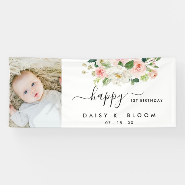 Watercolor Floral Girl Photo Birthday Banner (Horizontal)