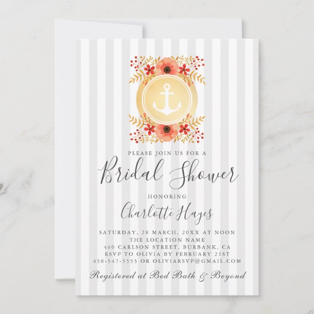 Watercolor Floral Gold Anchor  Bridal Shower Invitation (Front)