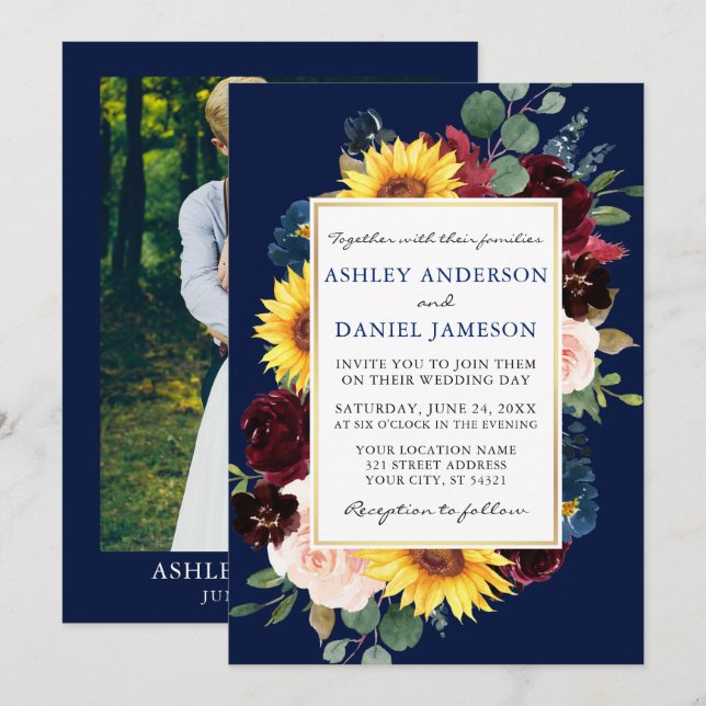 Watercolor Floral Gold Blue Photo Wedding Invitation (Front/Back)