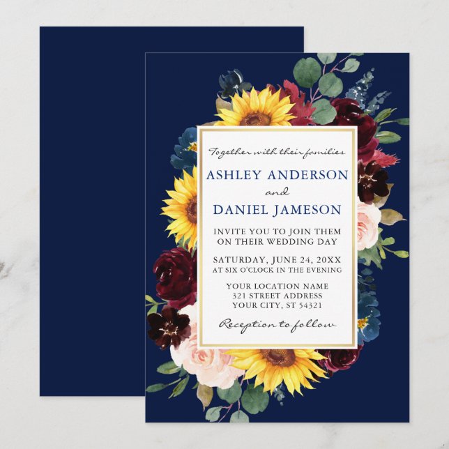 Watercolor Floral Gold Blue Wedding Invitation (Front/Back)