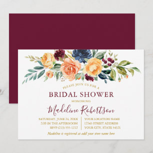 Watercolor Floral Gold Bridal Shower Burgundy Invitation