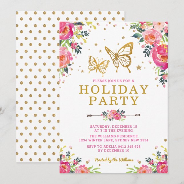 Watercolor Floral Gold Butterfly Holiday Party Invitation (Front/Back)