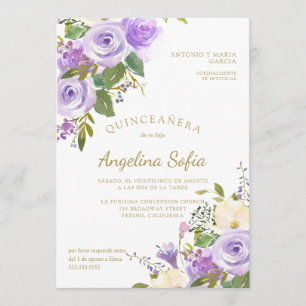 Watercolor Floral Gold Calligraphy Quinceanera Invitation