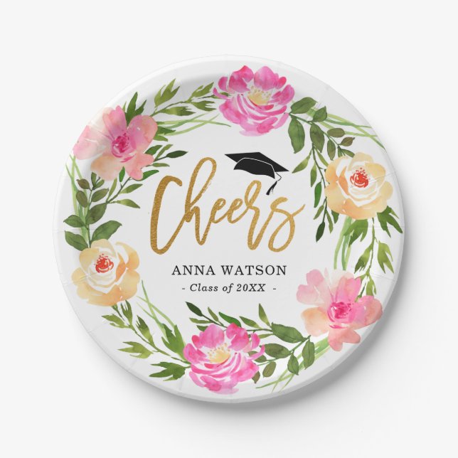 Watercolor Floral Gold Cheers Custom Graduation Paper Plate (Front)