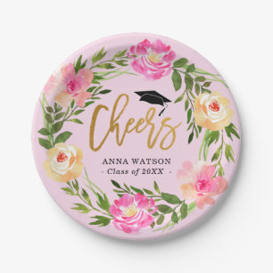 Watercolor Floral Gold Cheers Custom Graduation Paper Plate