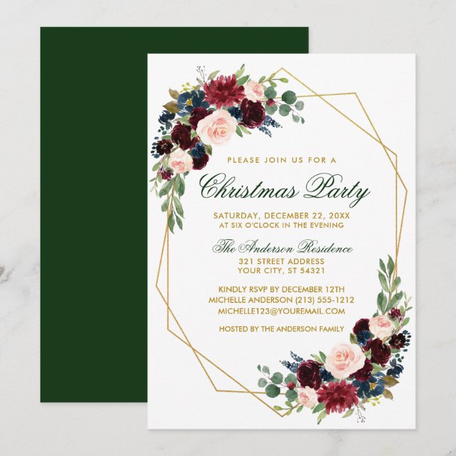 Watercolor Floral Gold Christmas Party Green Invitation (Front/Back)