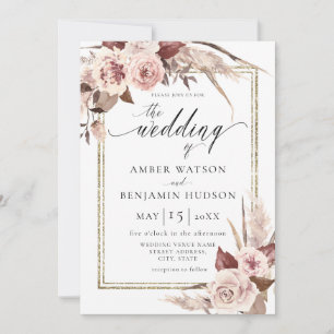 Watercolor Floral Gold Foil Pampas Boho Wedding Invitation