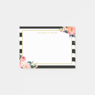 Watercolor Floral Gold Frame Black White Stripes Post-it Notes