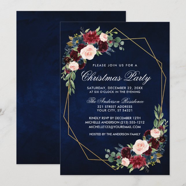 Watercolor Floral Gold Frame Christmas Party Blue Invitation (Front/Back)