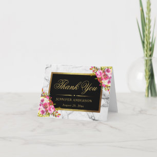 Watercolor Floral Gold Frame Marble Thank You Card