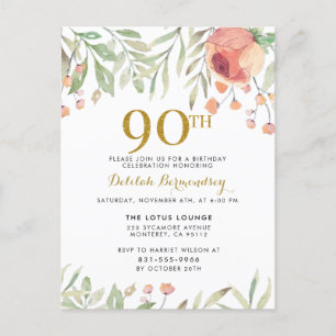 Watercolor Floral Gold Glitter 90th Birthday Party Invitation Postcard