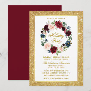 Watercolor Floral Gold Glitter Holiday Party Invitation