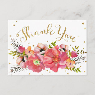Watercolor Floral Gold Glitter Modern Thank You Card