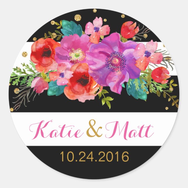 Watercolor Floral Gold Glitter Stripe Label (Front)