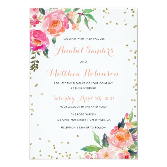 Watercolor Floral Gold Glitter Wedding Invitation
