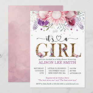 Watercolor Floral & Gold "Its A Girl" Baby Shower