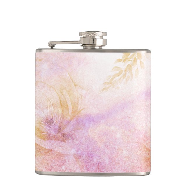*~* Watercolor Floral Gold Lavender Peach  Glitter Hip Flask (Front)