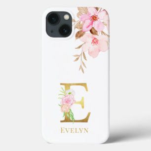 Watercolor Floral & Gold Letter E Monogram iPhone 13 Case