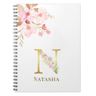 Watercolor Floral & Gold Letter E Monogram Notebook