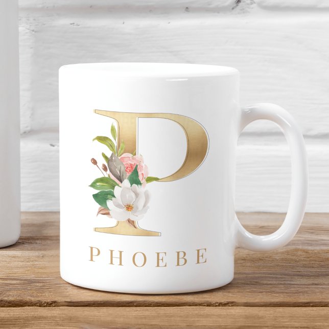 Watercolor Floral & Gold Letter P Monogram Coffee Mug (Creator Uploaded)