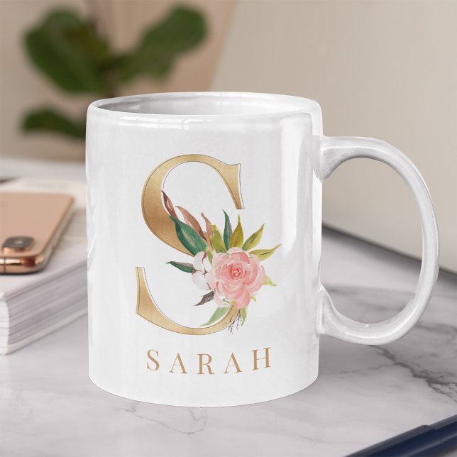 Watercolor Floral & Gold Letter S Monogram Coffee Mug (Creator Uploaded)
