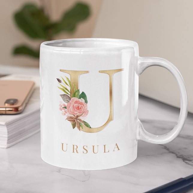 Watercolor Floral & Gold Letter U Monogram Coffee Mug (Creator Uploaded)