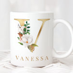 Watercolor Floral & Gold Letter V Monogram Coffee Mug<br><div class="desc">A personalized coffee mug with a faux gold letter "V" monogram,  featuring decorative watercolor floral and foliage illustrations. Easily customize it with your name or create a unique gift for your loved ones.</div>