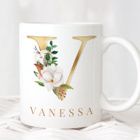 Watercolor Floral & Gold Letter V Monogram