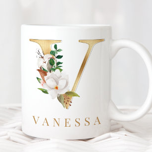 Watercolor Floral & Gold Letter V Monogram Coffee Mug
