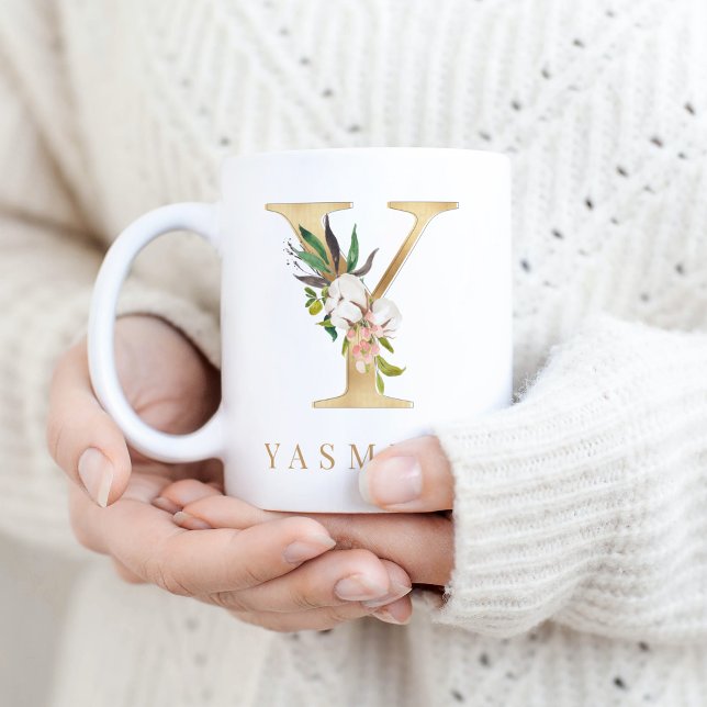 Watercolor Floral & Gold Letter Y Monogram Coffee Mug (Creator Uploaded)
