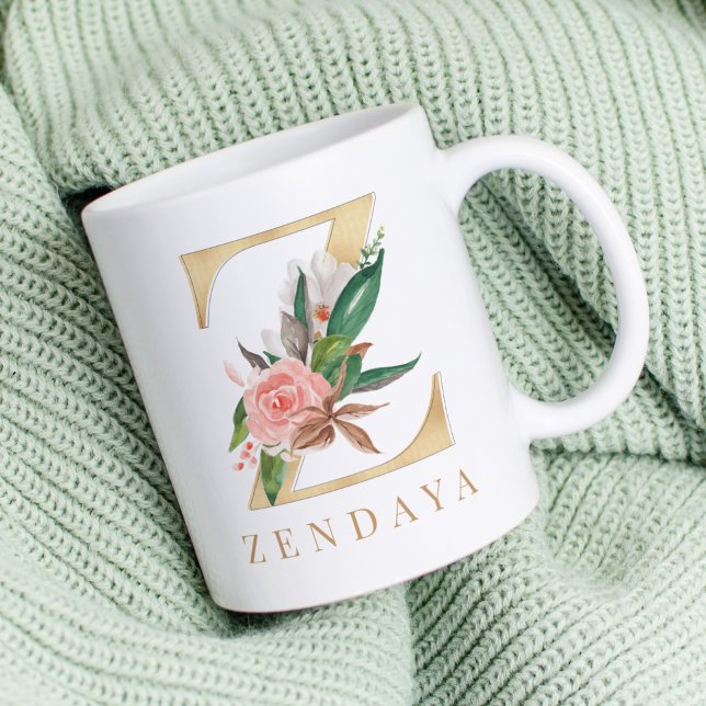 Watercolor Floral & Gold Letter Z Monogram Coffee Mug (Creator Uploaded)