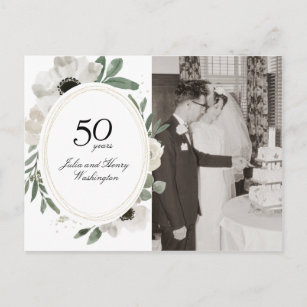 Watercolor Floral Gold Photo 50th Anniversary Postcard