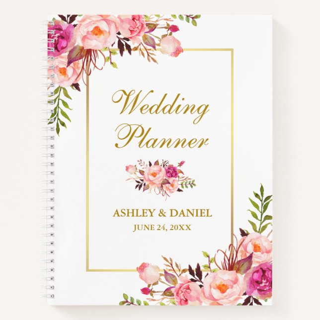 Watercolor Floral Gold Pink Blush Wedding Planner Notebook (Front)