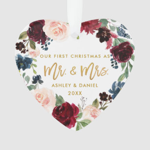 Watercolor Floral Gold Script First Christmas Ornament