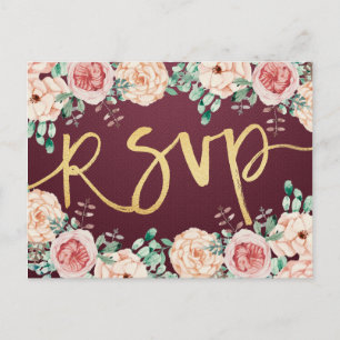 Watercolor Floral & Gold Script Wedding RSVP Reply Invitation Postcard