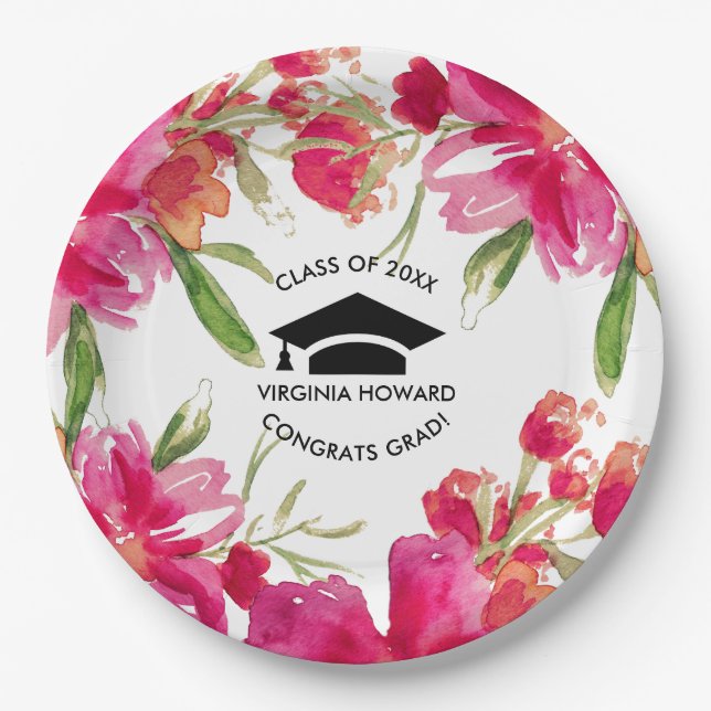 Watercolor Floral Graduation Party Paper Plates (Front)