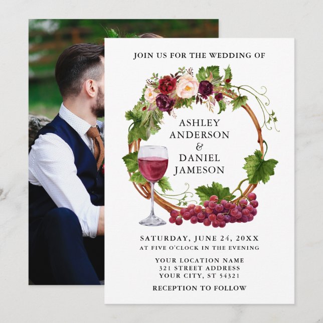 Watercolor Floral Grape Vines Wreath Photo Wedding Invitation (Front/Back)