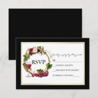 Watercolor Floral Grapes Wreath Wedding Black Gold