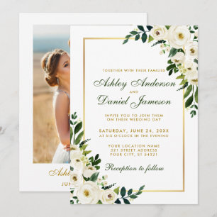 Watercolor Floral Green and Gold Photo Wedding Invitation
