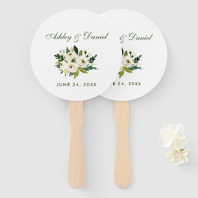 Watercolor Floral Green and White Wedding Hand Fan (Front and Back)