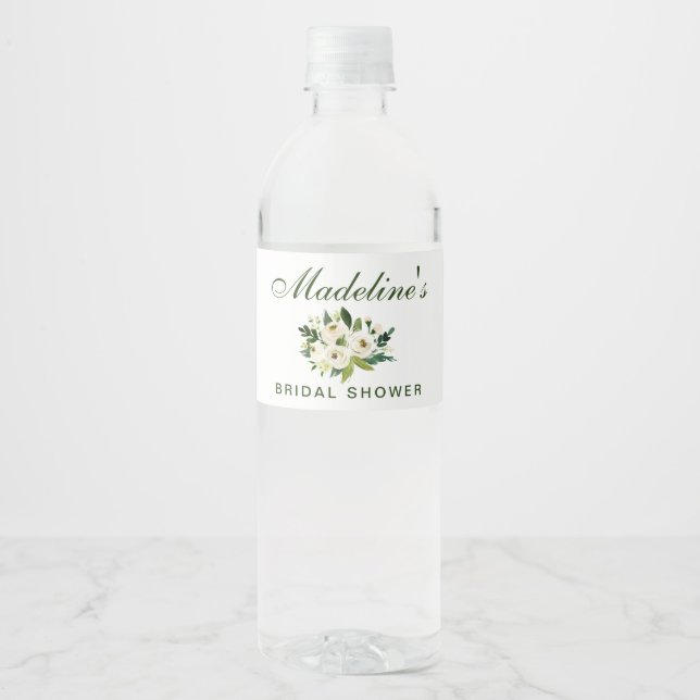 Watercolor Floral Green Bridal Shower Water Bottle Label (Front)