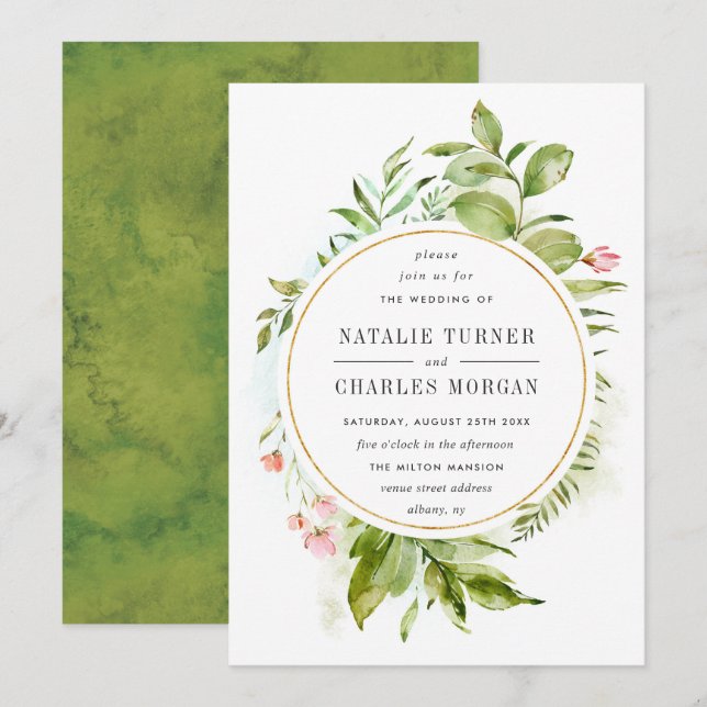 Watercolor Floral Green Foliage Wedding Invitation (Front/Back)