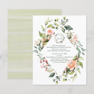 Watercolor floral, green foliage Wedding Monogram Invitation